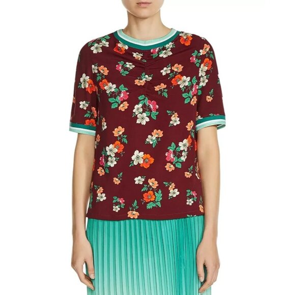 Maje Burgundy Liatis Floral Print Short Sleeve Top, Size Small (1) - Picture 1 of 6